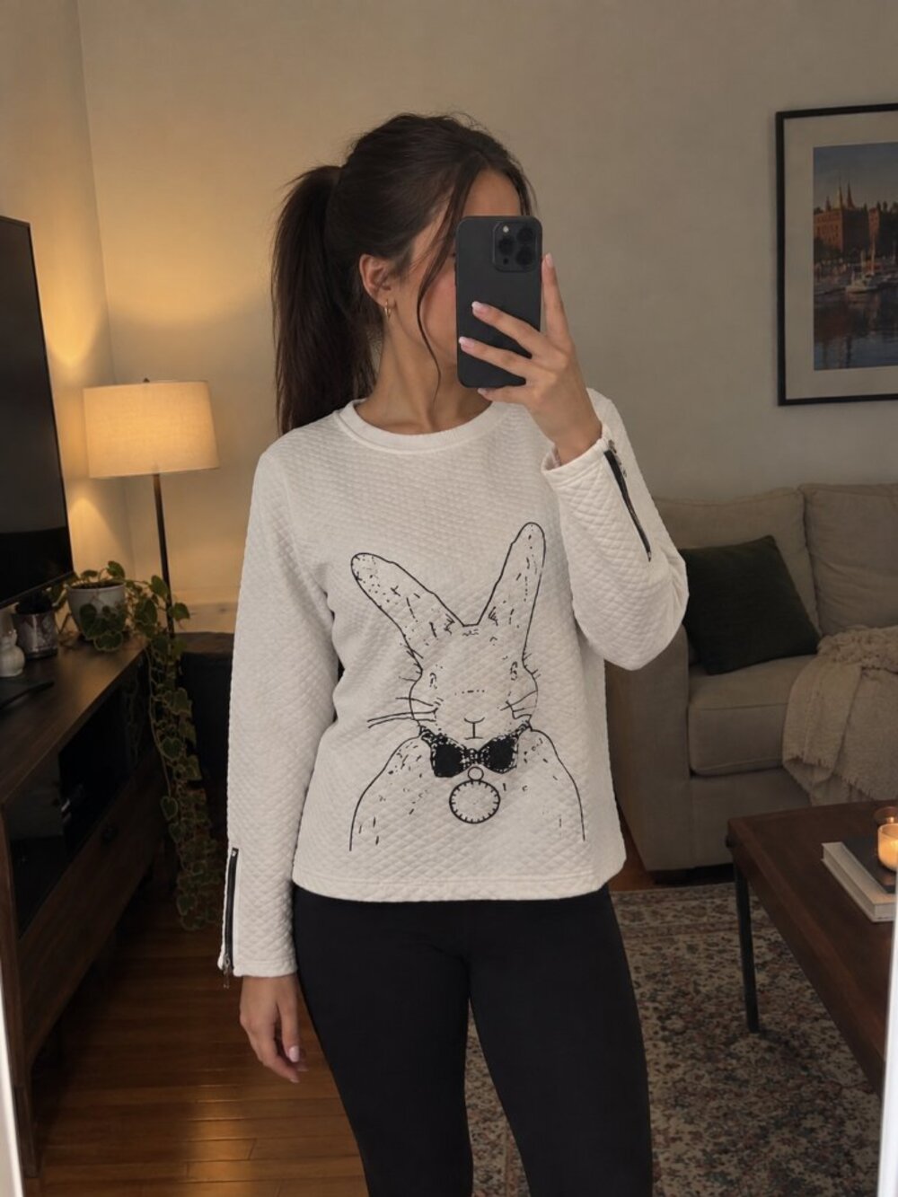 Quilted Bunny Graphic Sweatshirt with Sleeve Zippers - Size L